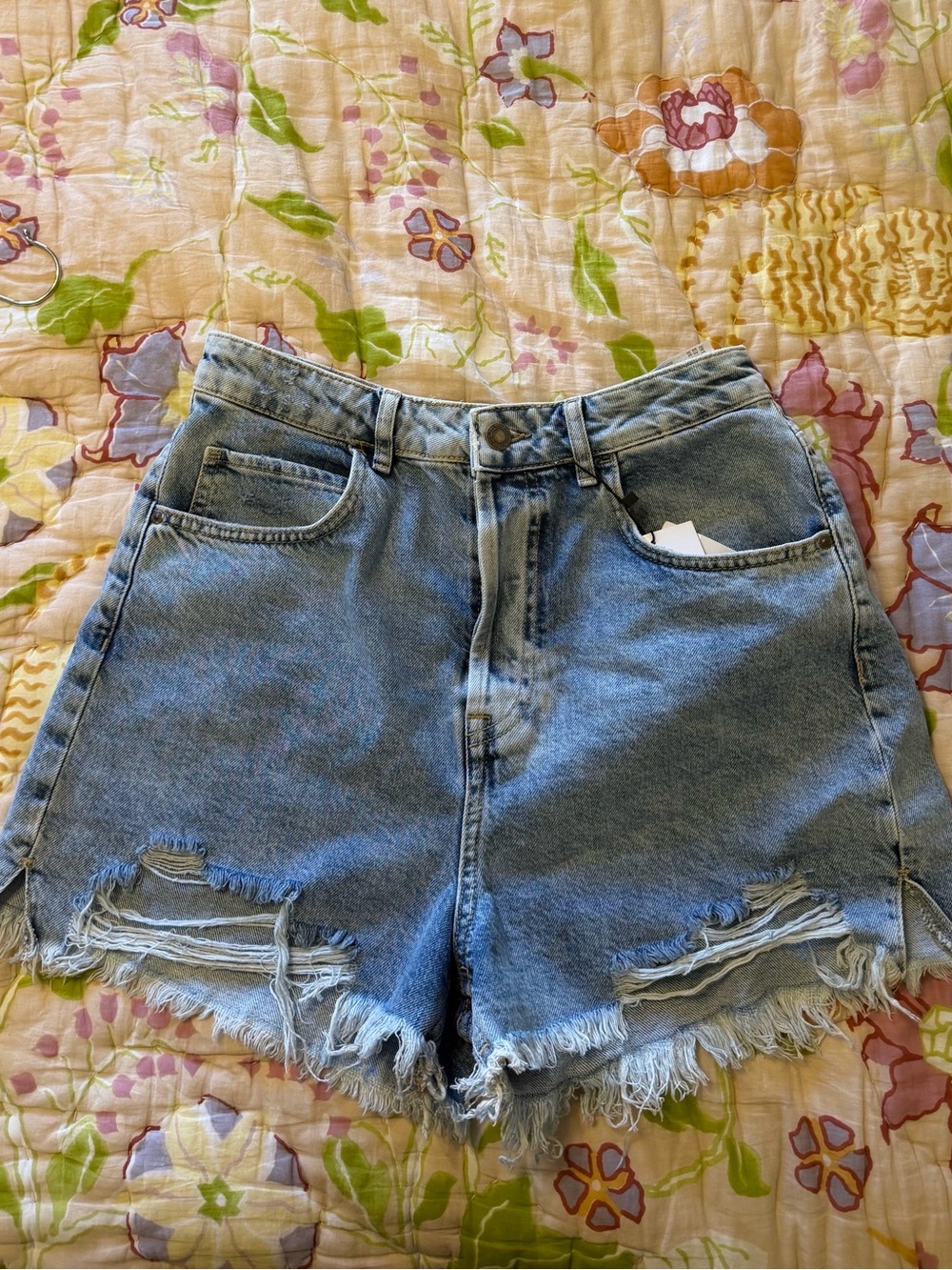 Zara Light Blue Distressed High-Rise Denim Shorts